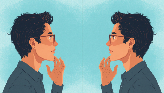 a stunning illustration of Self coaching concept, person reflecting and guiding themselves, thoughtful expression, mirror or dual perspective showing internal dialogue, best quality, ultra high res(2)
