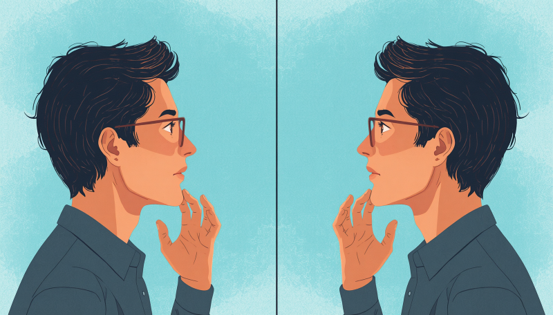 a stunning illustration of Self coaching concept, person reflecting and guiding themselves, thoughtful expression, mirror or dual perspective showing internal dialogue, best quality, ultra high res(2)